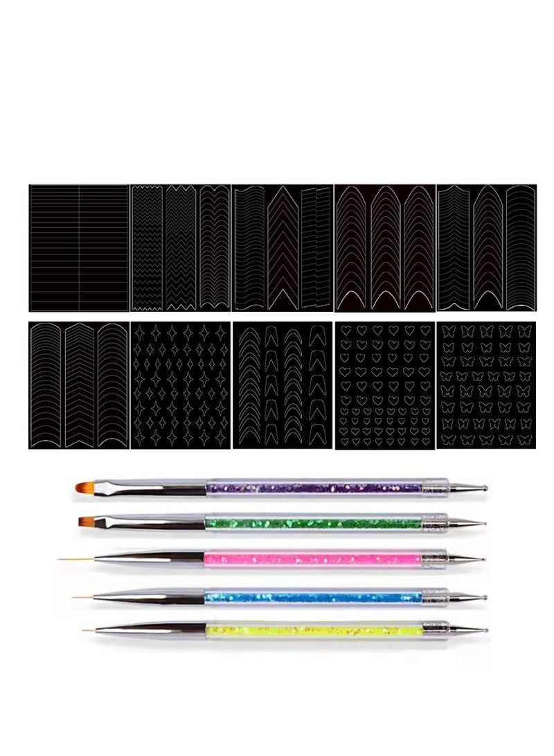 Nail Decal Set, Art Stickers, French Inkjet Crescent Snow Heart Hollow Decal, Self-Adhesive Tips Sticker Guides, 5 Pcs Liner Brushes for DIY Decorations Stencil Tools 12 Sheets
