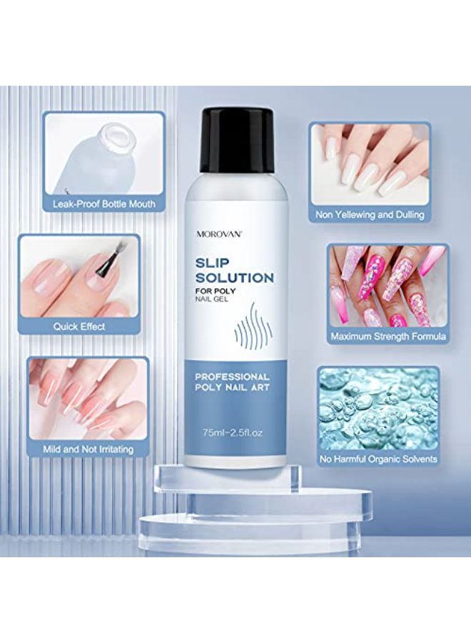 Slip Solution Poly Gel 2.5Oz Nail Extension Gel Slip Solution Anti-Stick Gel Solution Liquid With Brush Nail Tips Clips Crystal Cup For Poly Nail Gel Nail Art Kit Easy Diy