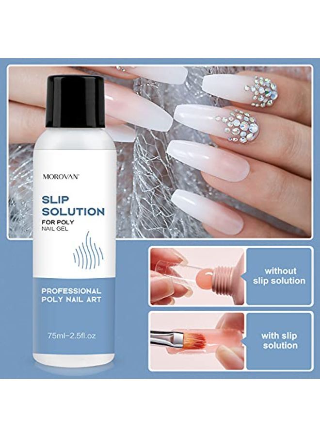 Slip Solution Poly Gel 2.5Oz Nail Extension Gel Slip Solution Anti-Stick Gel Solution Liquid With Brush Nail Tips Clips Crystal Cup For Poly Nail Gel Nail Art Kit Easy Diy