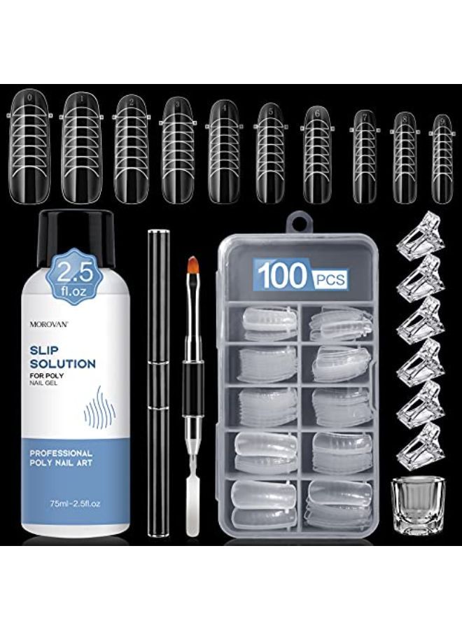 Slip Solution Poly Gel 2.5Oz Nail Extension Gel Slip Solution Anti-Stick Gel Solution Liquid With Brush Nail Tips Clips Crystal Cup For Poly Nail Gel Nail Art Kit Easy Diy