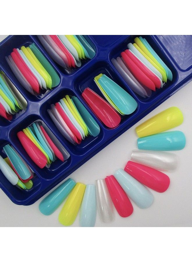 100Pc Mixed Colored Coffin Press On Nails Long Ballerina Shape Artificial Fingernails Fake Nails Acrylic False Nail Art Tips Women Girls Nail Decor