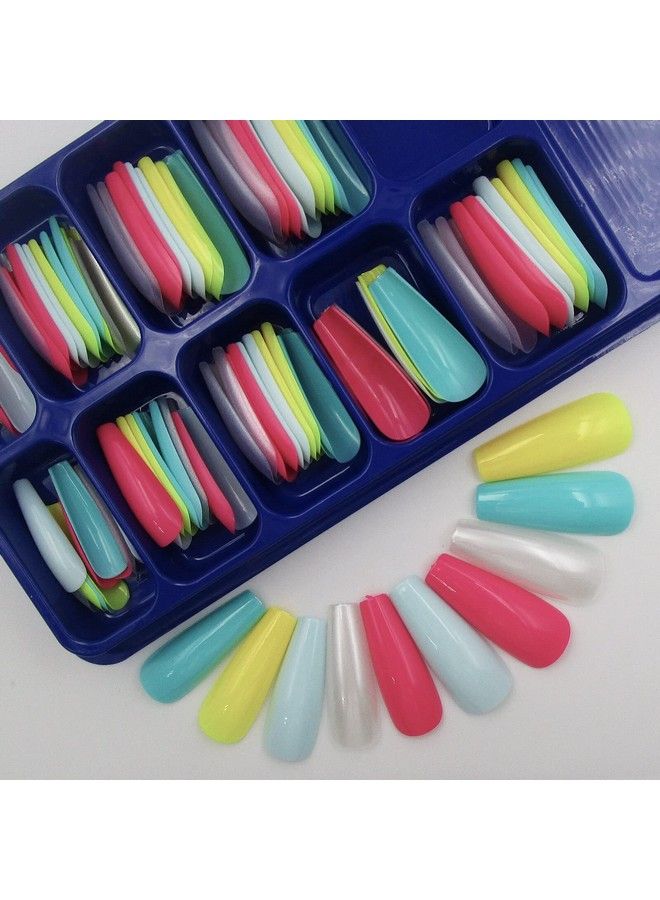 100Pc Mixed Colored Coffin Press On Nails Long Ballerina Shape Artificial Fingernails Fake Nails Acrylic False Nail Art Tips Women Girls Nail Decor