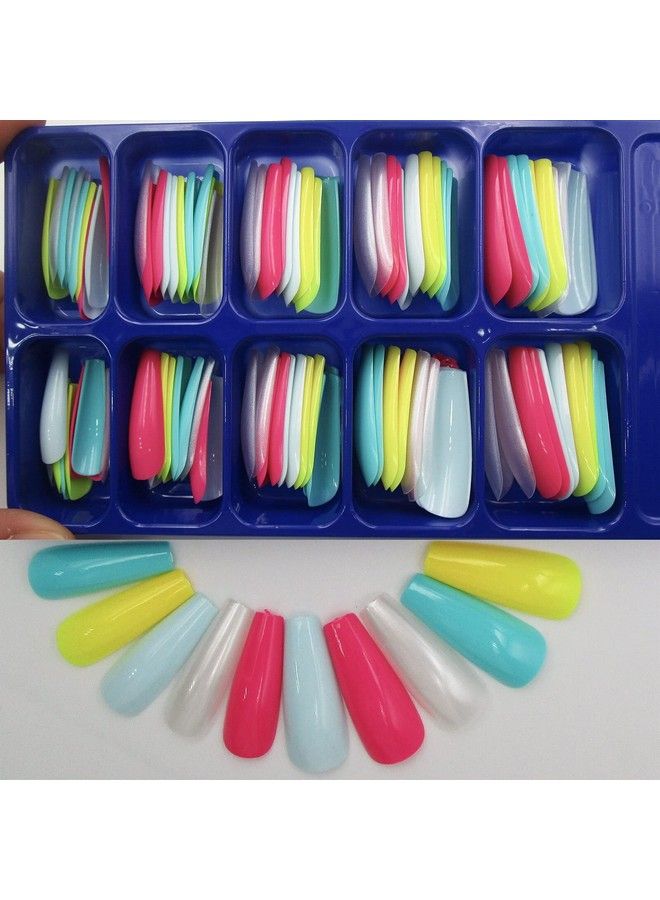 100Pc Mixed Colored Coffin Press On Nails Long Ballerina Shape Artificial Fingernails Fake Nails Acrylic False Nail Art Tips Women Girls Nail Decor