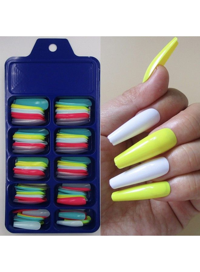 100Pc Mixed Colored Coffin Press On Nails Long Ballerina Shape Artificial Fingernails Fake Nails Acrylic False Nail Art Tips Women Girls Nail Decor