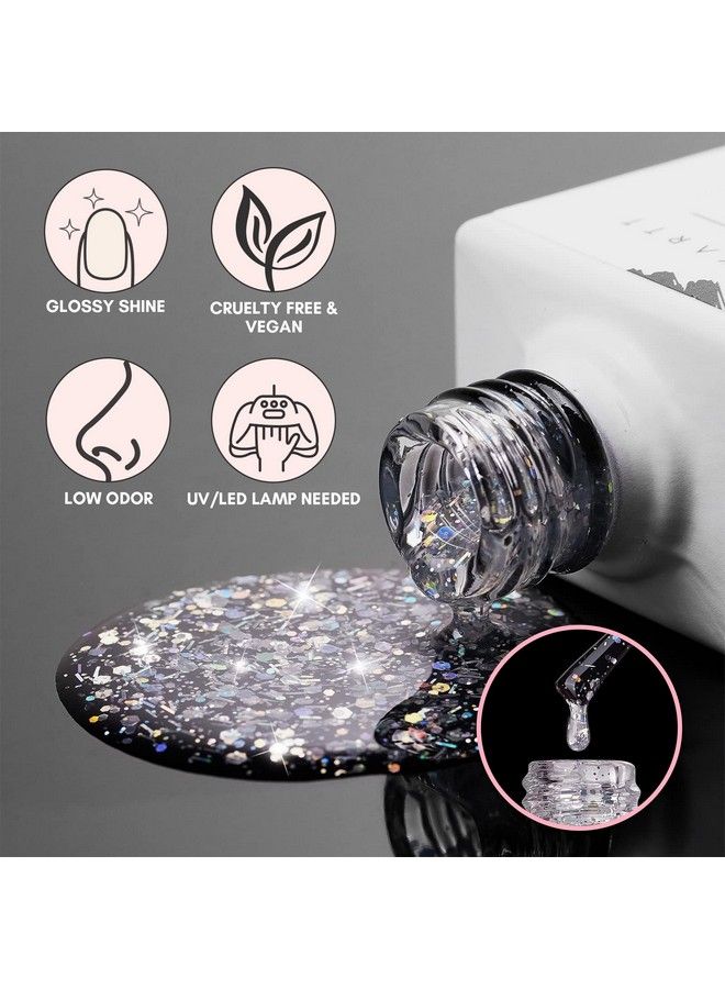 Glitter Top Coat Gel Nail Polish No Wipe Nail Gel Top Coat Nail Polish High Gloss Gel Coat For Acrylic Nails Soak Off Holographic Gel Top Shiny Finish Long Lasting For Nail Salon & Home Diy