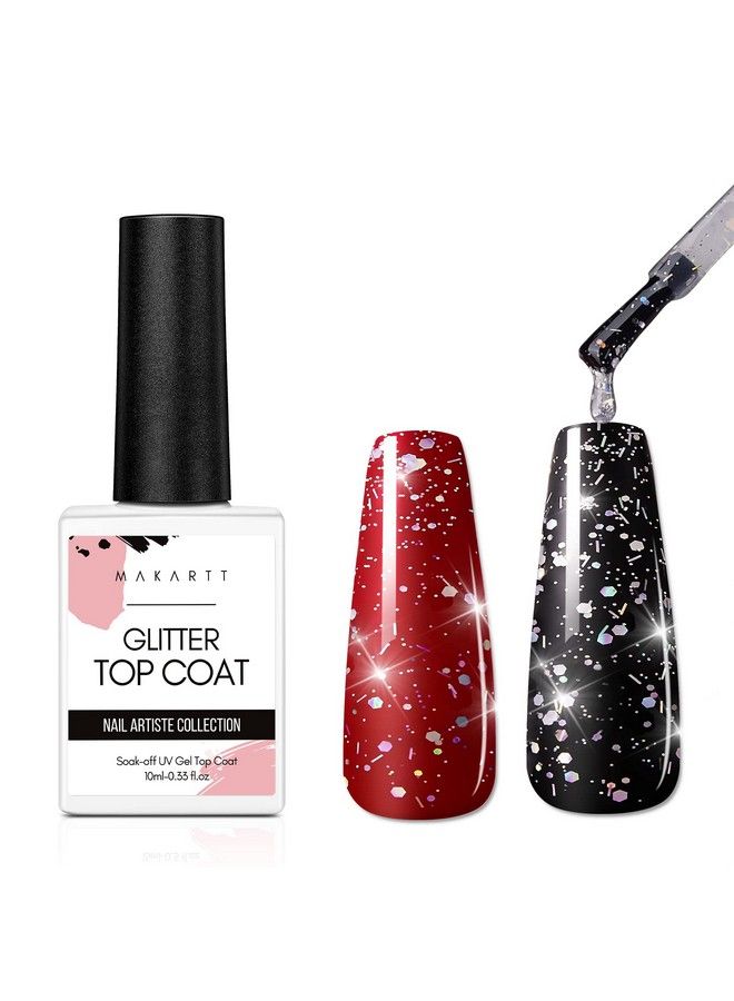 Glitter Top Coat Gel Nail Polish No Wipe Nail Gel Top Coat Nail Polish High Gloss Gel Coat For Acrylic Nails Soak Off Holographic Gel Top Shiny Finish Long Lasting For Nail Salon & Home Diy