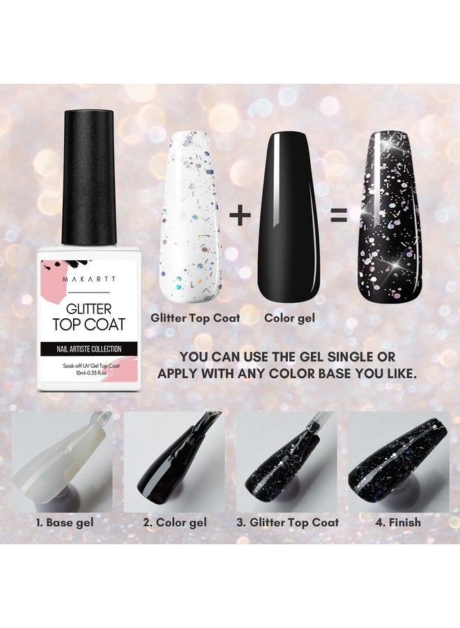 Glitter Top Coat Gel Nail Polish No Wipe Nail Gel Top Coat Nail Polish High Gloss Gel Coat For Acrylic Nails Soak Off Holographic Gel Top Shiny Finish Long Lasting For Nail Salon & Home Diy