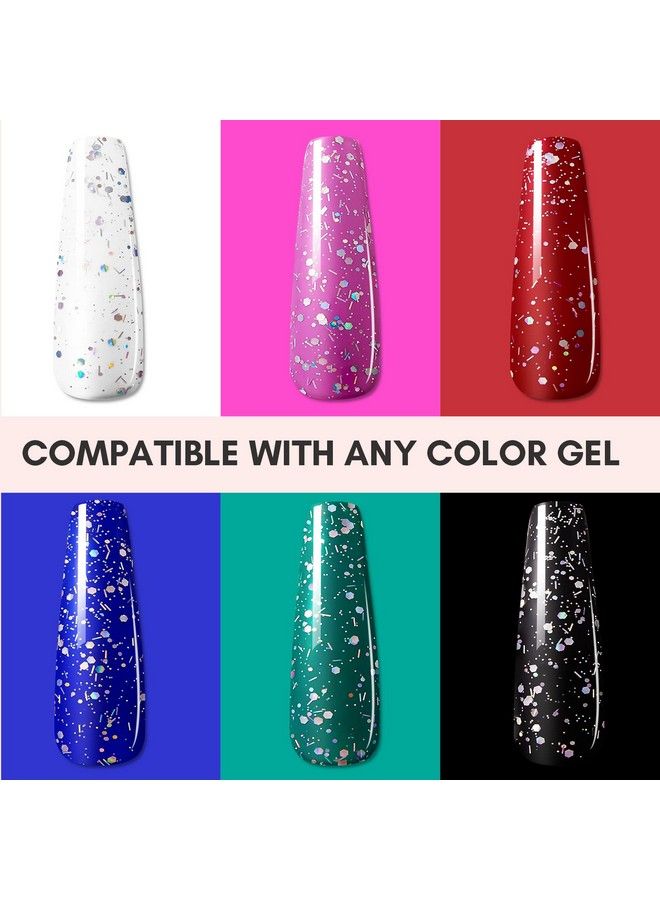 Glitter Top Coat Gel Nail Polish No Wipe Nail Gel Top Coat Nail Polish High Gloss Gel Coat For Acrylic Nails Soak Off Holographic Gel Top Shiny Finish Long Lasting For Nail Salon & Home Diy