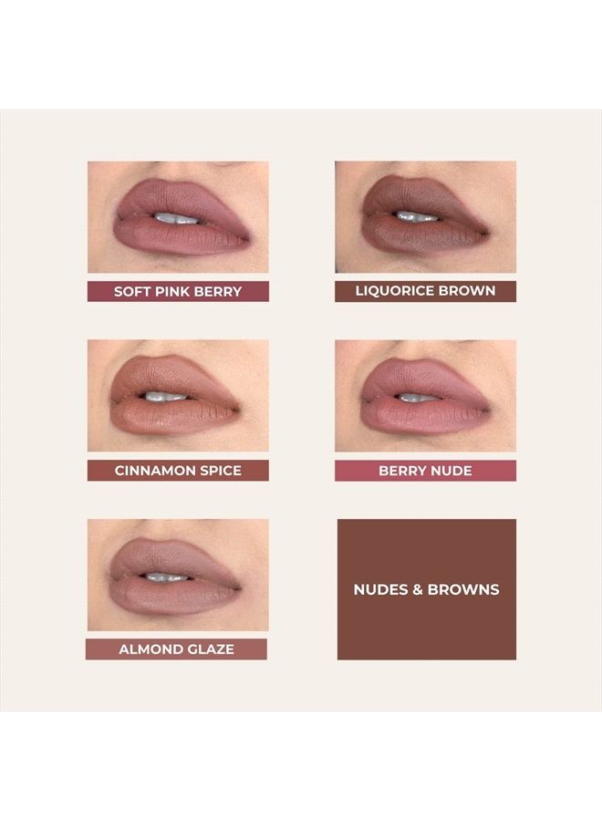 Organic Liquid Lipstick Kit Set of 5, Hydrating & Lightweight Lip Color - Paraben & Silicon Free - 1.6 fl oz. (Nudes & Browns)