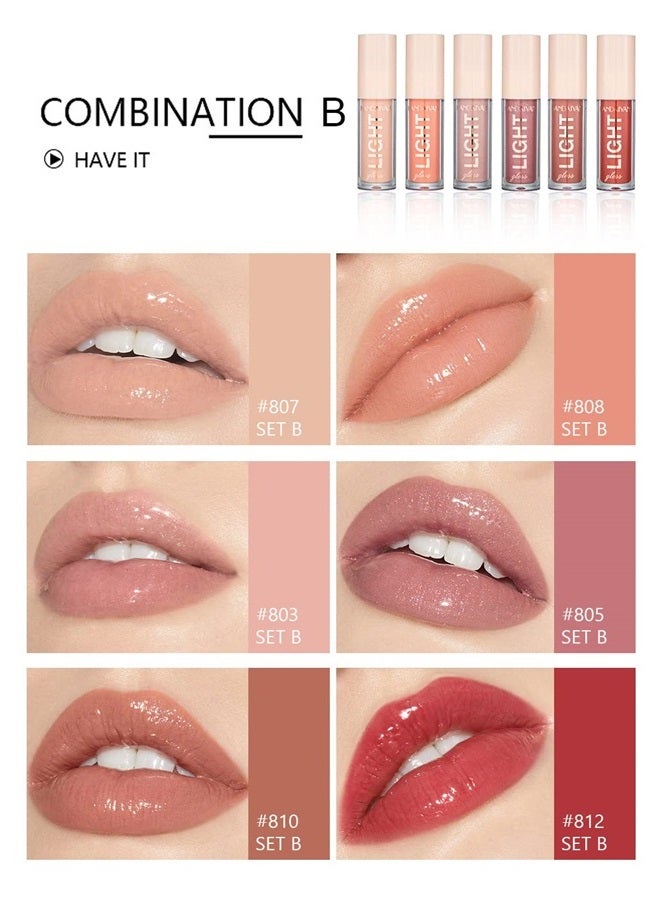 6PCS Lip Oil Light Lipgloss Set, Moisturizing Hydrating Lip Glow Oil Lip Gloss Kit High Shine Lip Plumping Glass Finish Lip Gloss Liquid Lipstick for Women (Set B)