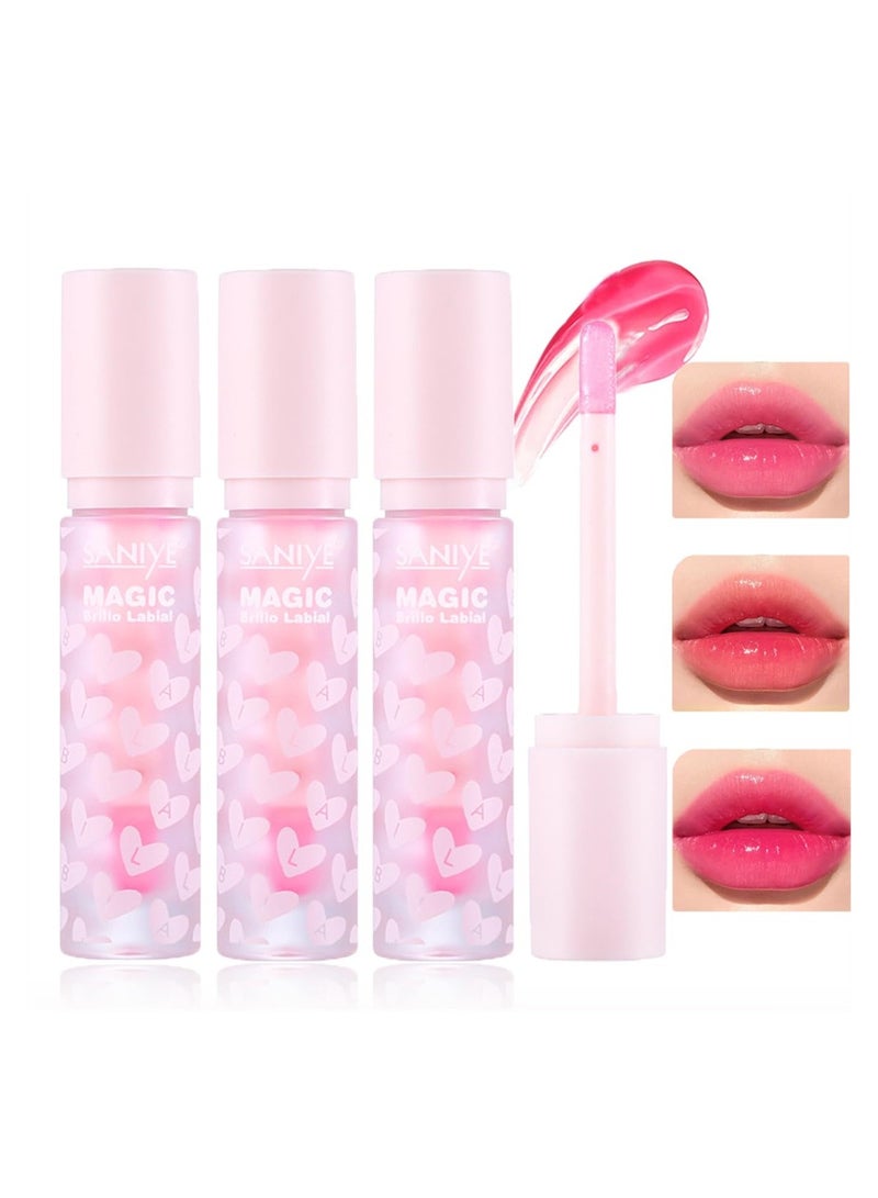 3Pcs Color Changing Hydrating Lip Oil Set, Pink Magic Mood Liquid Lipstick, High-Shine Clear Temperature Color Change Lip Stain Lip Balm, Long Lasting Nutritious Natural PH Color Change Lip