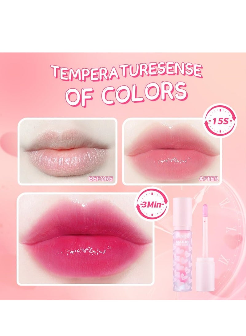 3Pcs Color Changing Hydrating Lip Oil Set, Pink Magic Mood Liquid Lipstick, High-Shine Clear Temperature Color Change Lip Stain Lip Balm, Long Lasting Nutritious Natural PH Color Change Lip