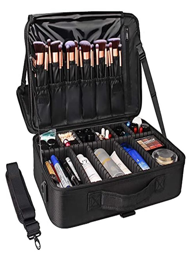 Nylon Professional Cosmetic Makeup Storage Organizer Bag With Adjustable Compartment (Black - Large (40L X 29B X 14H Cm))