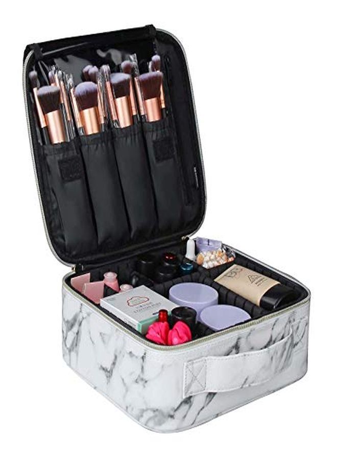 Pu Professional Cosmetic Makeup Kit Storage Organizer Travel Toiletry Vanity Bag With Adjustable Compartment, 26L X 23B X 9H Cm (White Marble)