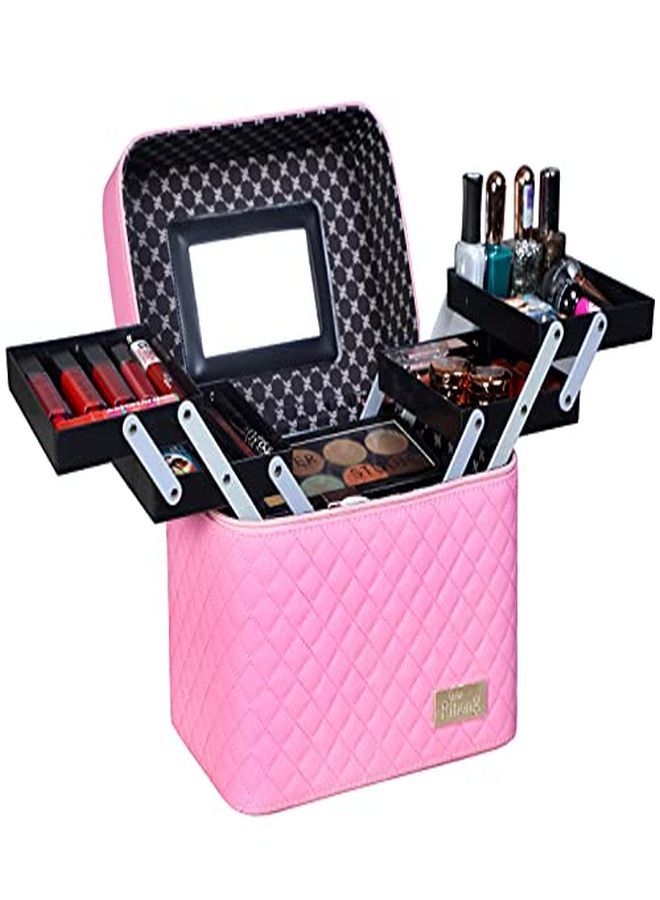 Eather Professional Cosmetic Makeup Kit Storage Organizer Travel Train Toiletry Vanity Bag With Foldable Tray & Mirror, Rose Gold