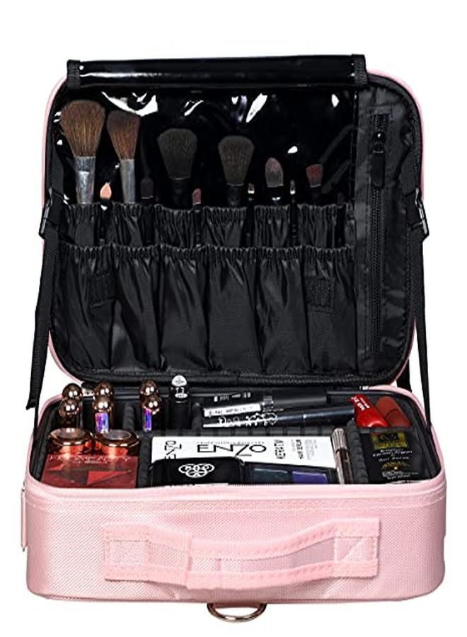 Nylon Professional Cosmetic Makeup Storage Organizer Bag With Adjustable Compartment (Rose Gold, Medium - (34L X 23B X 12H Cm))