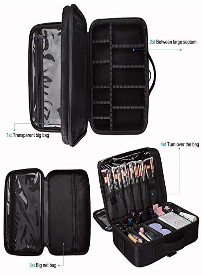 Nylon Professional Travel Cosmetic Makeup Storage Organizer Bag With Adjustable Compartment (Black, Medium (34L X 23B X 12H Cm))