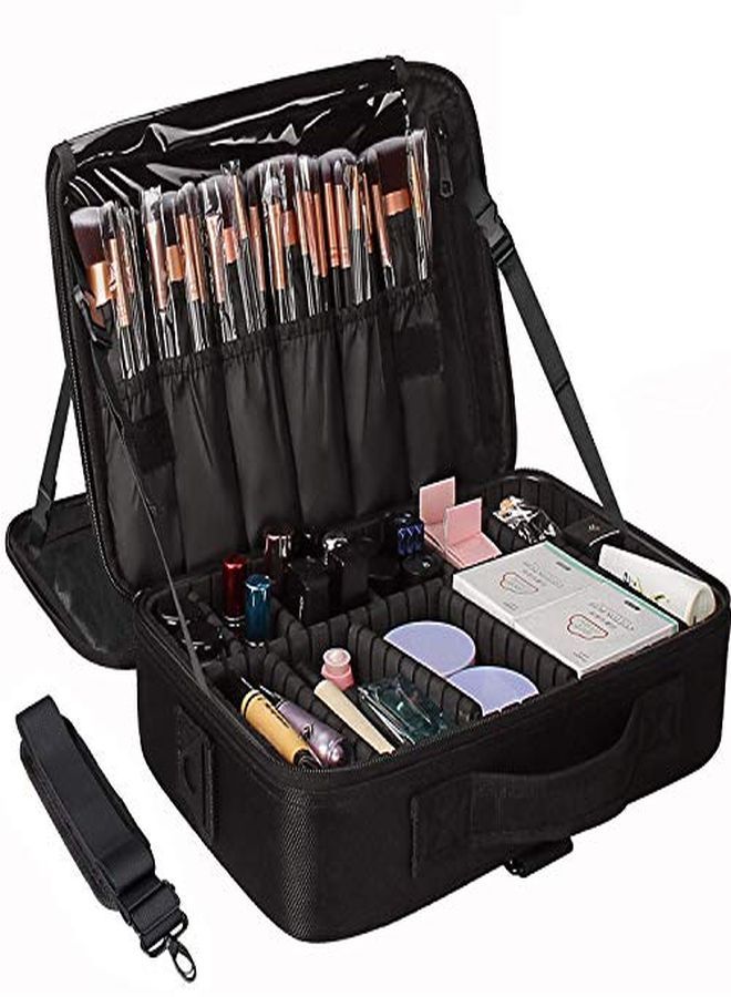 Nylon Professional Travel Cosmetic Makeup Storage Organizer Bag With Adjustable Compartment (Black, Medium (34L X 23B X 12H Cm))