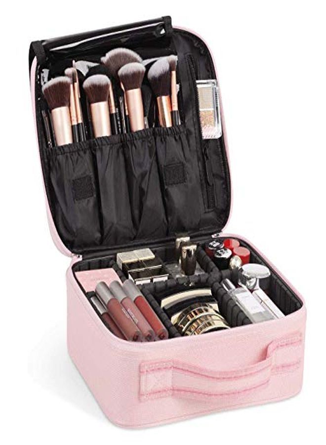 Nylon Professional Cosmetic Makeup Kit Storage Organizer Travel Toiletry Vanity Bag With Adjustable Compartment, 26L X 23B X 9H Cm (Rose Gold - Nylon)