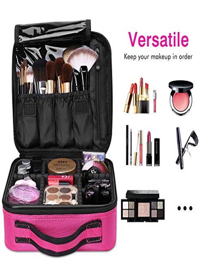 Nylon Professional Cosmetic Makeup Kit Storage Organizer Travel Toiletry Vanity Bag With Adjustable Compartment, 26L X 23B X 9H Cm (Pink)