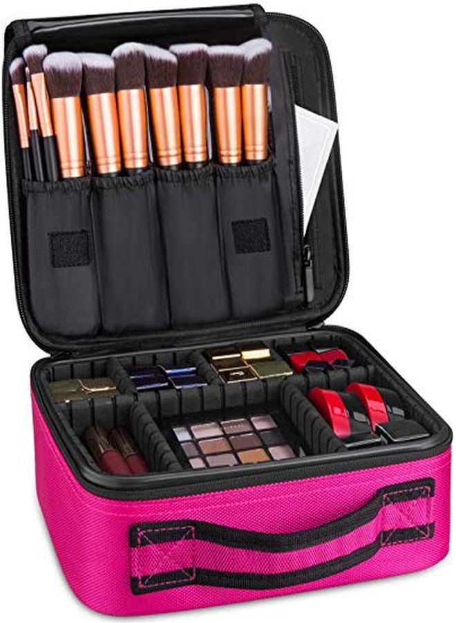 Nylon Professional Cosmetic Makeup Kit Storage Organizer Travel Toiletry Vanity Bag With Adjustable Compartment, 26L X 23B X 9H Cm (Pink)