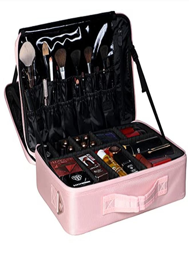 Nylon Professional Cosmetic Makeup Storage Organizer Bag With Adjustable Compartment (Rose Gold, Large (40L X 29B X 14H Cm))