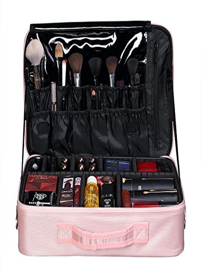 Nylon Professional Cosmetic Makeup Storage Organizer Bag With Adjustable Compartment (Rose Gold, Large (40L X 29B X 14H Cm))