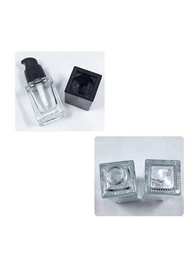 2Pcs 15Ml/0.5Oz Empty Square Clear Glass Pump Bottle Lotion Dispenser With Black Lid Refillable Portable Foundation Bottle Makeup Cosmetic Container Holder For Lotion Essence Emulsion Serum