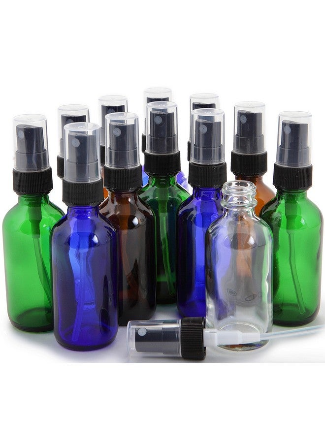 12 Assorted Colors 2 Oz Glass Bottles With Black Fine Mist Sprayers