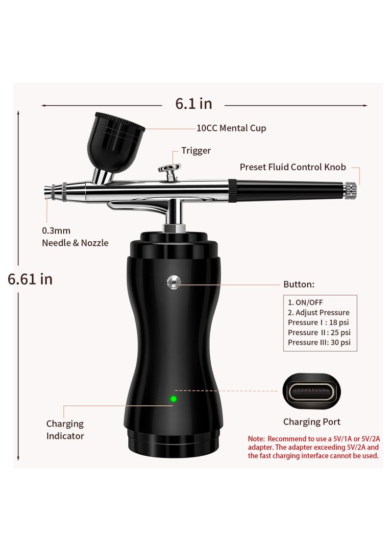 Air Brush Set with Compressor 30PSI Air Brush Gun Rechargeable Portable Handheld Cordless Air Brush for Nail Art Painting Cake Decorating Makeup Black