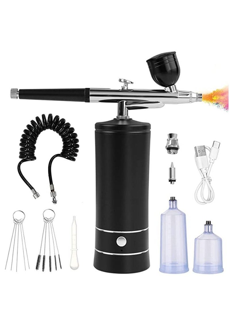 Air Brush Set with Compressor Air Brush Gun Rechargeable Portable High Pressure Air Brush with 0.3mm Nozzle and Cleaning Brush Set for Painting Nail Makeup Art Cake Decoration Black