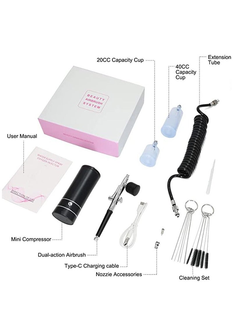 Air Brush Set with Compressor Air Brush Gun Rechargeable Portable High Pressure Air Brush with 0.3mm Nozzle and Cleaning Brush Set for Painting Nail Makeup Art Cake Decoration Black