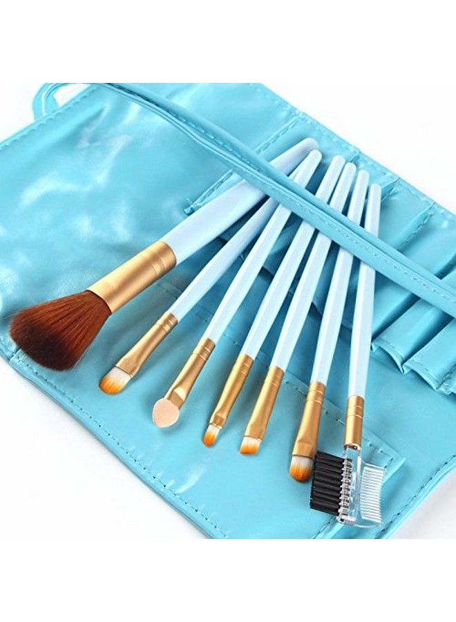 7 Pcs Make Brush Kit With Sleek Pouch + Makeup Sponge (Blue)