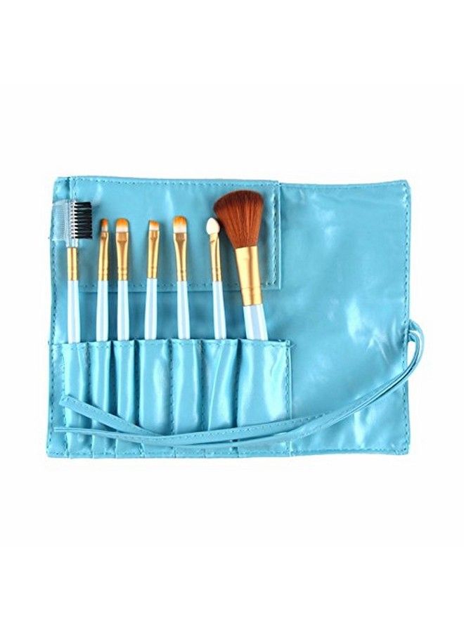 7 Pcs Make Brush Kit With Sleek Pouch + Makeup Sponge (Blue)