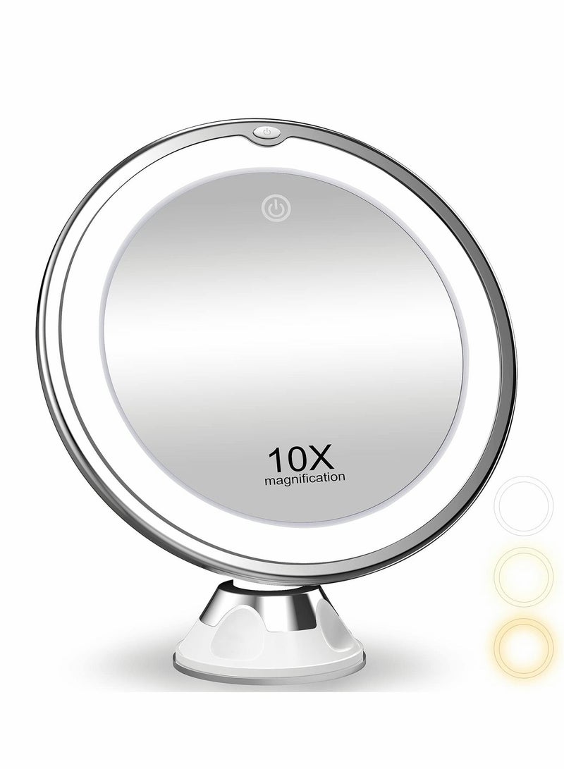 Magnifying Mirror with Light, 10X Magnification 3 Light Modes Makeup Suction Cups Intelligent Switch, 360 Degree Swivel Joint, Portable for Detailed Makeup, Close Skincare