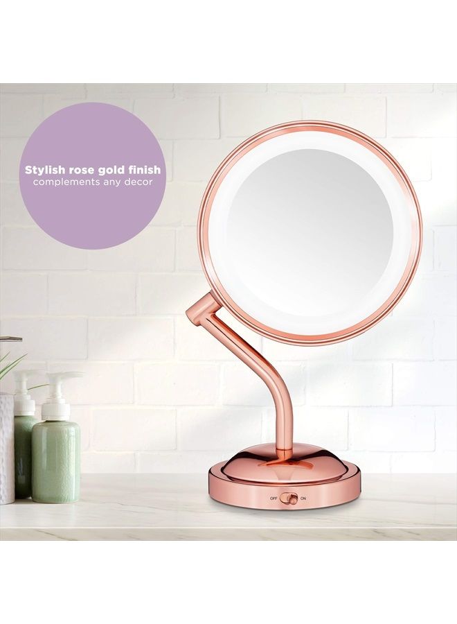 Lighted Makeup-Mirror with Magnification, LED Vanity-Mirror, 1X/5X Magnifying-Mirror, Double Sided-Mirror, Operated in-Battery Rose Gold