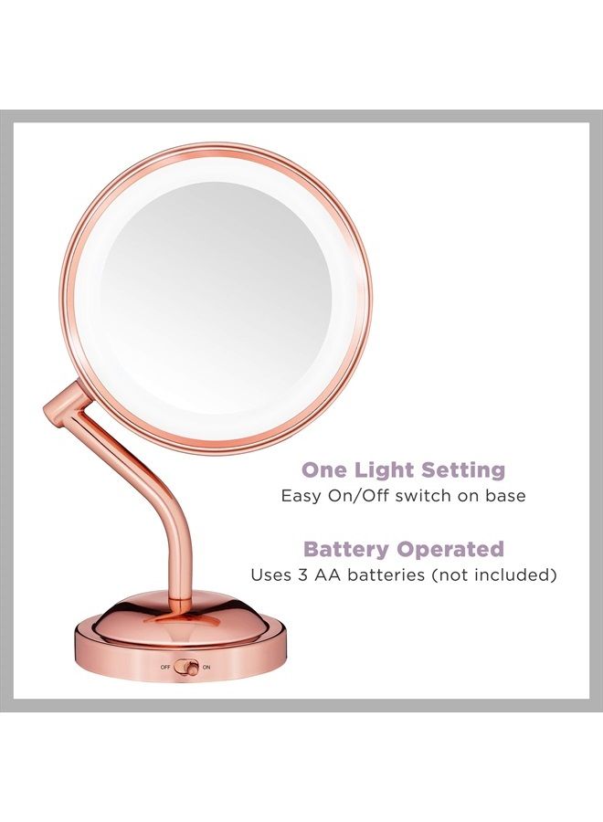 Lighted Makeup-Mirror with Magnification, LED Vanity-Mirror, 1X/5X Magnifying-Mirror, Double Sided-Mirror, Operated in-Battery Rose Gold