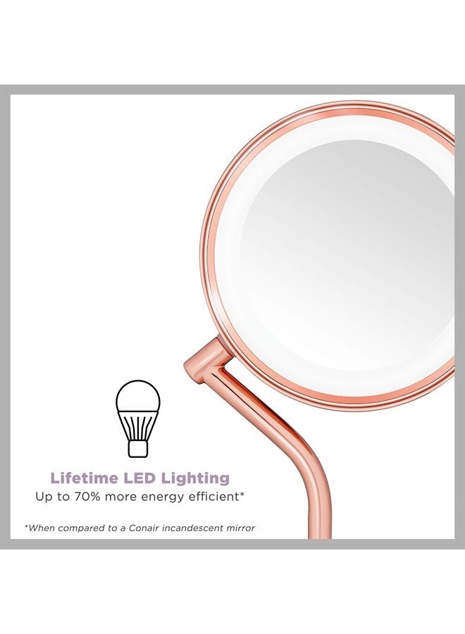 Lighted Makeup-Mirror with Magnification, LED Vanity-Mirror, 1X/5X Magnifying-Mirror, Double Sided-Mirror, Operated in-Battery Rose Gold