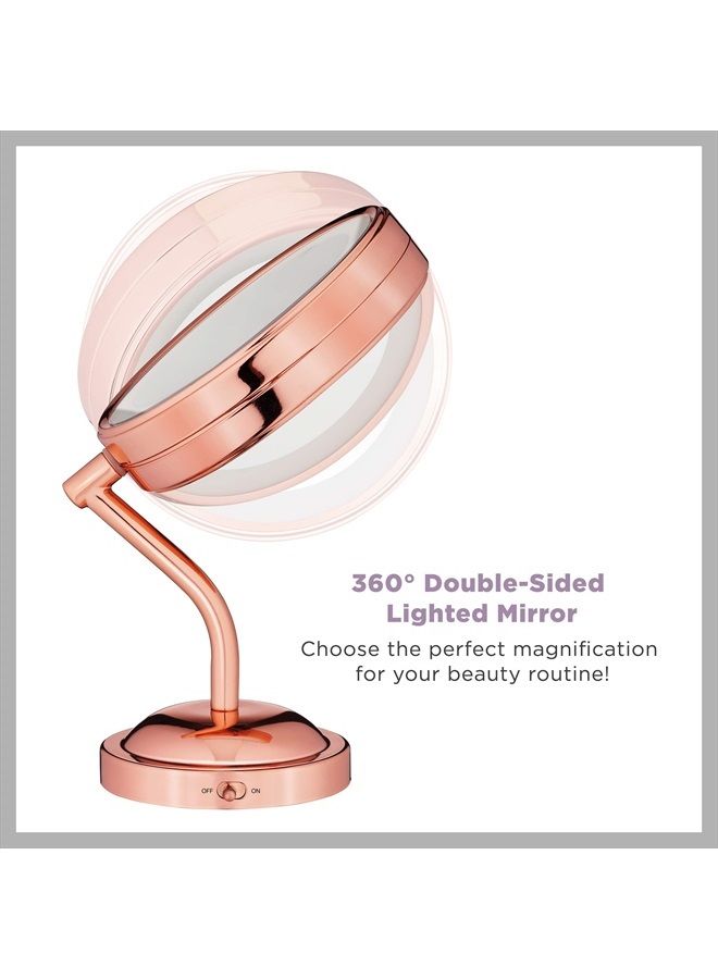 Lighted Makeup-Mirror with Magnification, LED Vanity-Mirror, 1X/5X Magnifying-Mirror, Double Sided-Mirror, Operated in-Battery Rose Gold