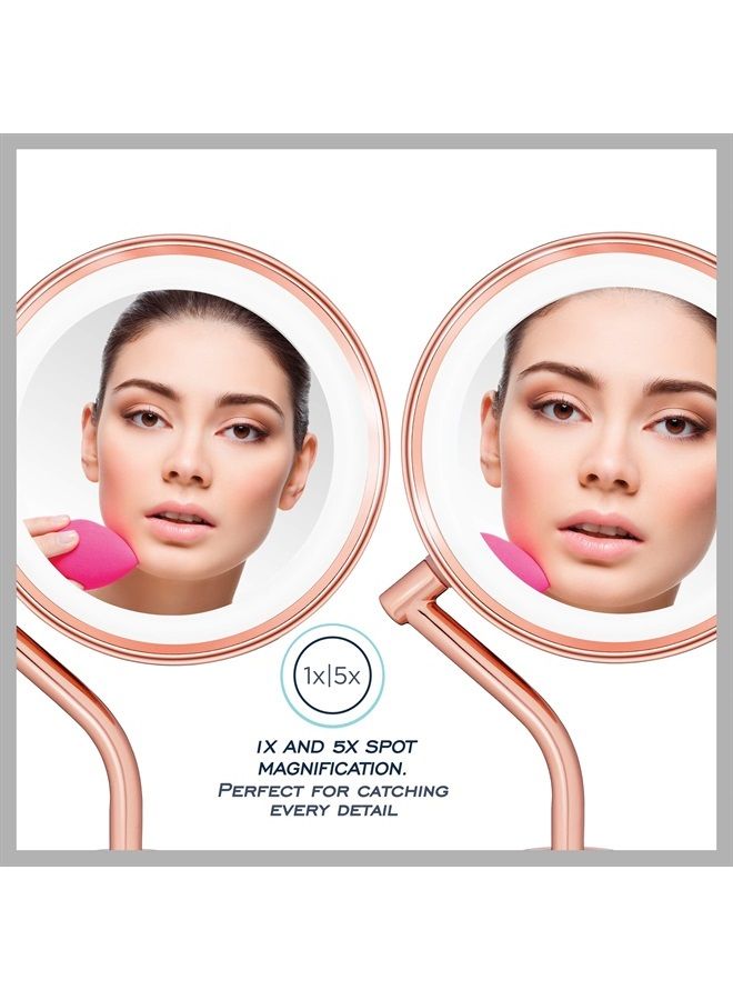 Lighted Makeup-Mirror with Magnification, LED Vanity-Mirror, 1X/5X Magnifying-Mirror, Double Sided-Mirror, Operated in-Battery Rose Gold