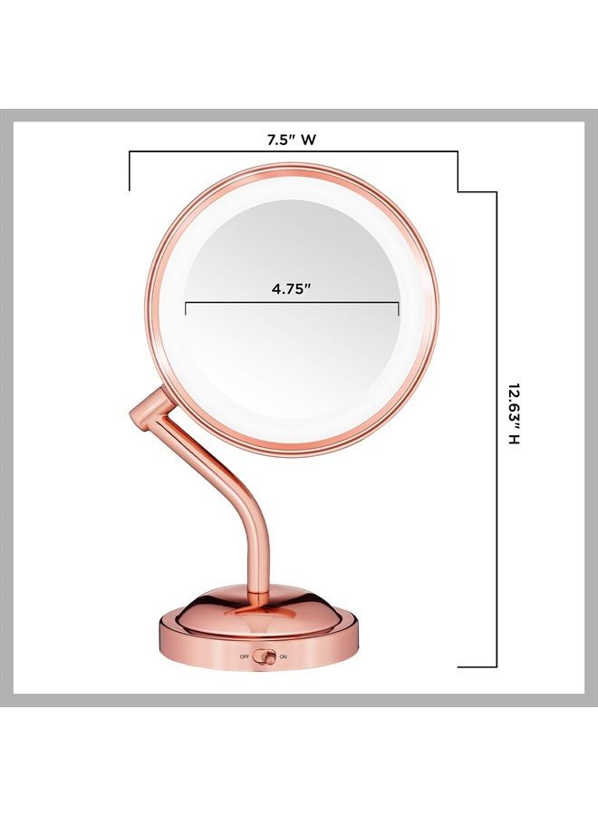 Lighted Makeup-Mirror with Magnification, LED Vanity-Mirror, 1X/5X Magnifying-Mirror, Double Sided-Mirror, Operated in-Battery Rose Gold