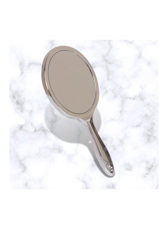 Professional Series Small Size Round Double Sided Magnifying Makeup Purse Mirror With Handle For Men & Women Silver Color