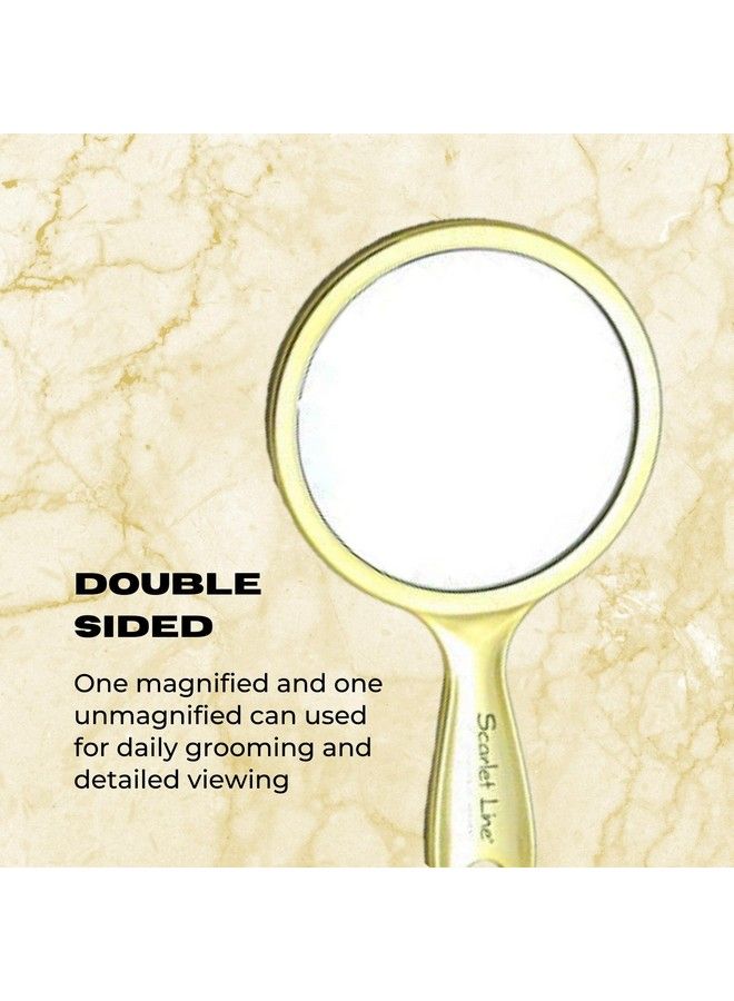 Professional Series Medium Round Shape Double Sided Magnifying Makeup Hand Mirror With Handle For Men & Women Golden 27 X 14.5 X 1 Cm