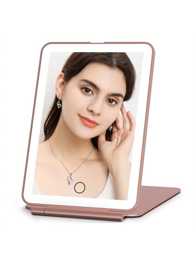 Rechargeable Makeup Vanity Mirror with 72 Led Lights, Lighted Travel Portable Light up Beauty Mirror, 3 Color Lighting, Dimmable Touch Screen, Tabletop Desk LED Foldable Cosmetic Mirror with Lights