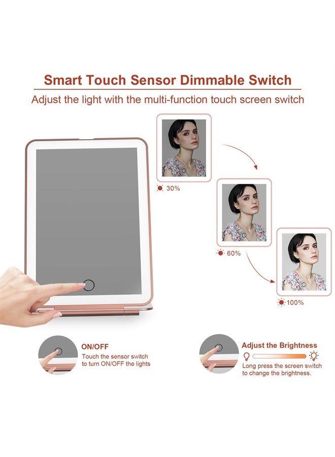 Rechargeable Makeup Vanity Mirror with 72 Led Lights, Lighted Travel Portable Light up Beauty Mirror, 3 Color Lighting, Dimmable Touch Screen, Tabletop Desk LED Foldable Cosmetic Mirror with Lights