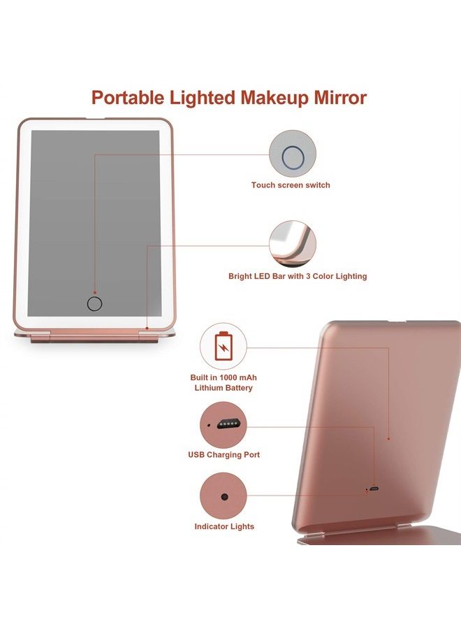 Rechargeable Makeup Vanity Mirror with 72 Led Lights, Lighted Travel Portable Light up Beauty Mirror, 3 Color Lighting, Dimmable Touch Screen, Tabletop Desk LED Foldable Cosmetic Mirror with Lights