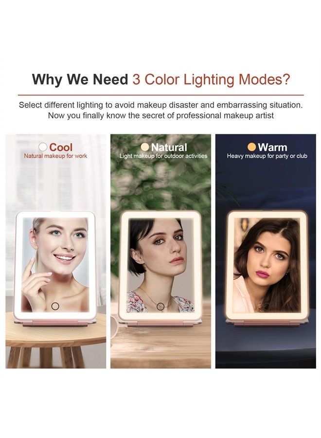 Rechargeable Makeup Vanity Mirror with 72 Led Lights, Lighted Travel Portable Light up Beauty Mirror, 3 Color Lighting, Dimmable Touch Screen, Tabletop Desk LED Foldable Cosmetic Mirror with Lights