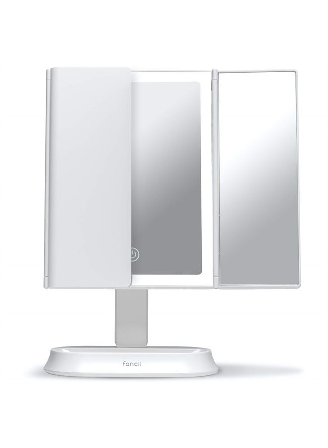 Makeup Mirror with Natural LED Lights, Lighted Trifold Vanity Mirror with 5X & 7X Magnifications - 40 Dimmable Lights, Touch Screen, Cosmetic Stand - Sora (White)