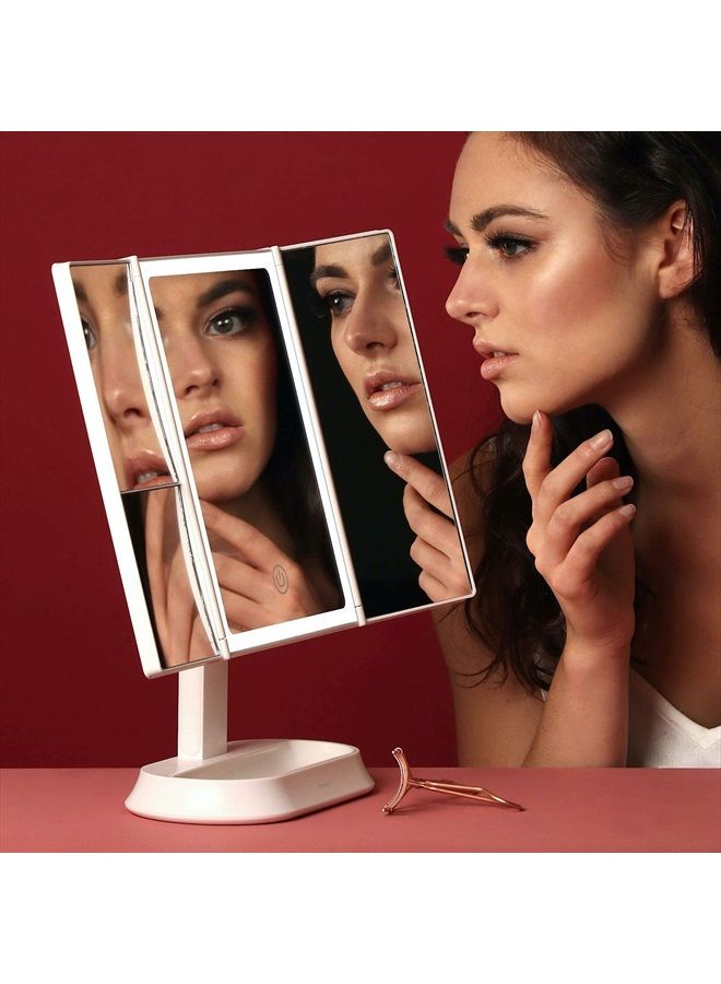 Makeup Mirror with Natural LED Lights, Lighted Trifold Vanity Mirror with 5X & 7X Magnifications - 40 Dimmable Lights, Touch Screen, Cosmetic Stand - Sora (White)