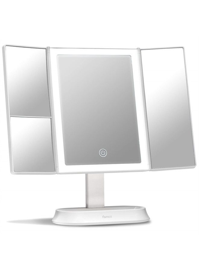 Makeup Mirror with Natural LED Lights, Lighted Trifold Vanity Mirror with 5X & 7X Magnifications - 40 Dimmable Lights, Touch Screen, Cosmetic Stand - Sora (White)